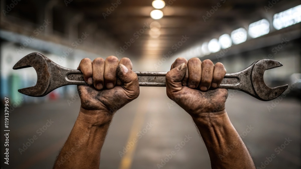 Poster A closeup of a pair of hands gripping a wornout wrench with a blurred background of an empty factory floor symbolizing the struggle of skilled tradespeople amid labor shortages.
