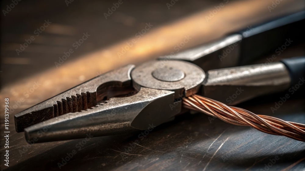 Aufkleber A closeup of a pair of pliers gripping a thick wire the textured grip of the tools wellworn with strands of copper peeking out from the severed end illuminated by a soft workshop