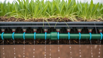 A closeup of an irrigation system installed beneath a green roof layer showing the network of tubes and drippers emphasizing efficient water distribution to support healthy plant