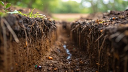 A closeup of an open trench glistening with rainwater revealing layers of earth and roots where vibrant beetles and other small insects struggle within a disrupted habitat.