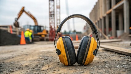 A closeup of a pair of patchedup ear protection earmuffs lying in the foreground of a noisy construction site illustrating the noise pollution resulting from construction