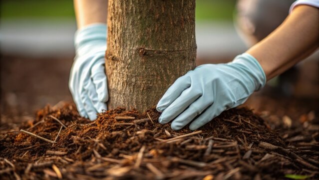 A closeup of a pair of gloved hands delicately placing mulch around the base of the tree focusing on the texture of the mulch contrasting with the smooth bark.