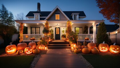 Generated image A festive Halloween display of illuminated pumpkins and autumn decorations on a cozy home