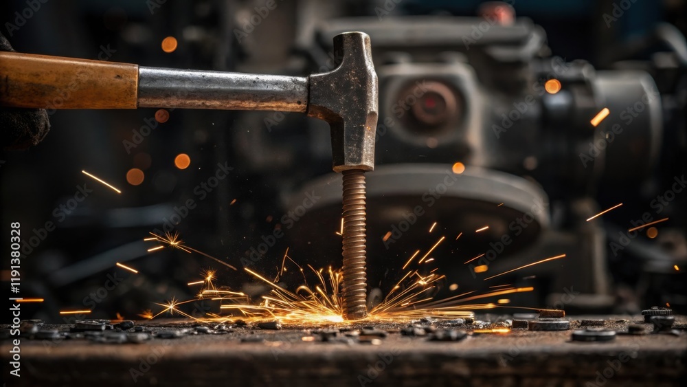 Poster A closeup of a rivet being hammered into place sparks flying against the backdrop of chaotic machinery symbolizing the precision needed to build amidst disorder.