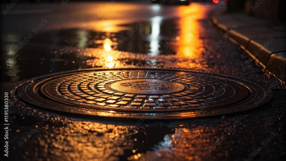Poster a closeup of a reflective manhole cover in the street where the warm glow of streetlights bounces of