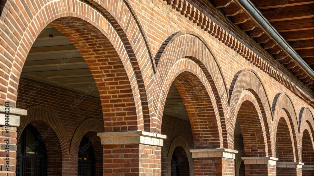 Aufkleber a closeup of a row of corbelled brick arches under a buildings overhang emphasizing the repeated arc