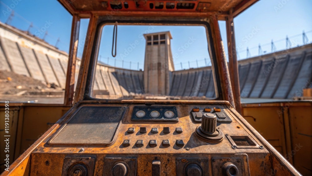 Poster A closeup of a rusted crane operators cabin showing worn controls while in the background the massive structure of the dam looms under a clear blue sky indicating progress on the
