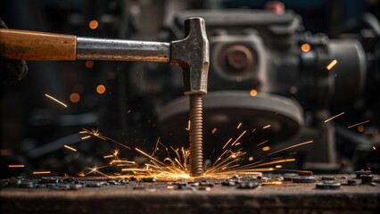 A closeup of a rivet being hammered into place sparks flying against the backdrop of chaotic machinery symbolizing the precision needed to build amidst disorder.