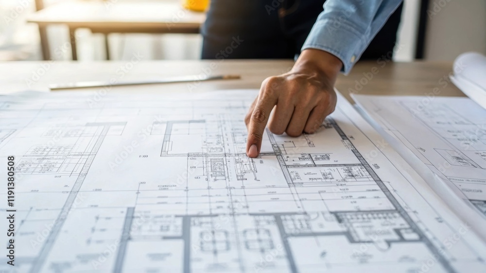 Poster A closeup of a set of detailed blueprints spread out on a table with the inspectors hand pointing to specific sections showcasing intricate architectural details.