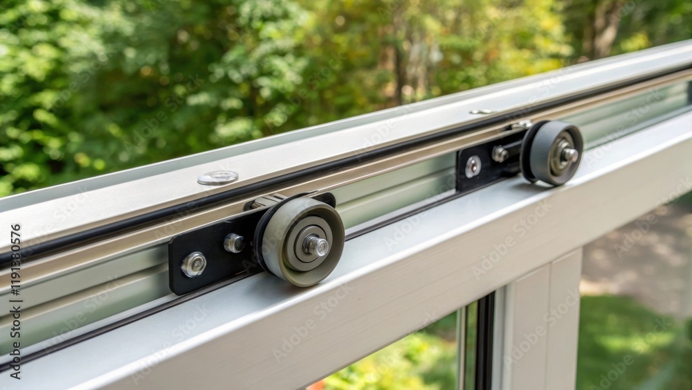 Aufkleber A closeup of a sliding glass door track depicting the smooth rollers and guiding system that allows for effortless operation. The focus is on the fine details of the hardware