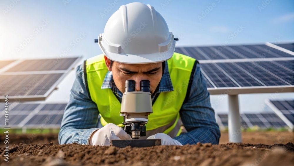 Poster A closeup of a soil sample being tested by an engineer with solar panel structures rising in the background highlighting the importance of land assessment in the building process.