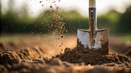 A closeup of a shovel breaking ground with clumps of dirt flying showcasing the initial disruption of the landscape and the beginning of the construction journey.