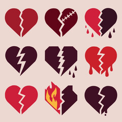 Broken hearts Two parts of broken heart. Valentine heart simbol. Wedding Vector heart sign. Hearts with beautiful decor. Heart and Broken Heart Icon Set. Heart and Broken Heart Icon Set.