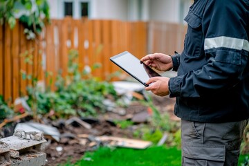 Gardener using tablet to plan landscape design in a residential backyard renovation