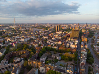 Drone aerial view of the river and city in Hamburg