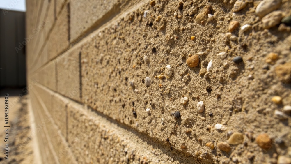 Poster A closeup of a textured concrete wall featuring a gritty surface with a mix of sand and aggregate highlighted by natural light creating depth and contrast.
