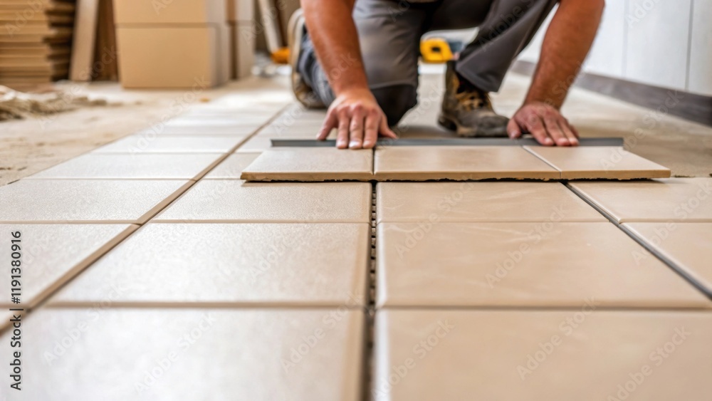 Leinwandbilder a closeup of a tile being pressed into place revealing the workers concentration and the smooth unif