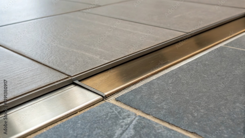 Poster a closeup of a tile flooring transition piece displaying a metal strip that connects two flooring ty