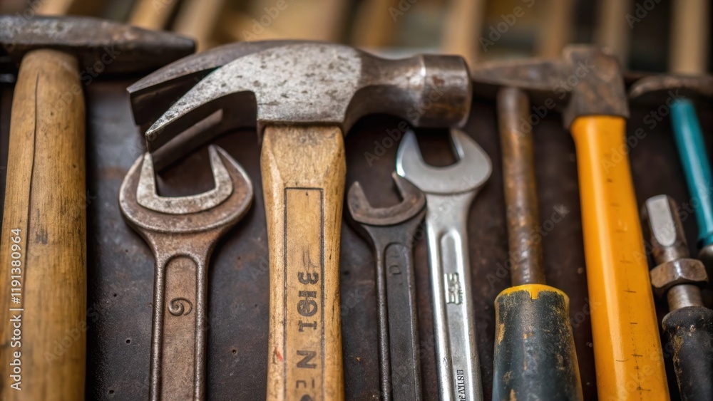 Leinwandbilder A closeup of a variation of tools ranging from hammers to wrenches each marked with wear reflecting years of use and the creativity involved in problemsolving onsite.