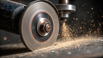A closeup of a ting disk against a rotating tool showing the gritty texture of the metal and the fine dust being generated as it makes contact.