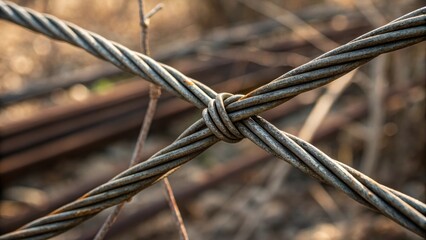 A closeup of a twisted piece of wire intertwined with steel rods emphasizing the contrast between the organic curves of the wire and the rigid lines of the rods forming a chaotic