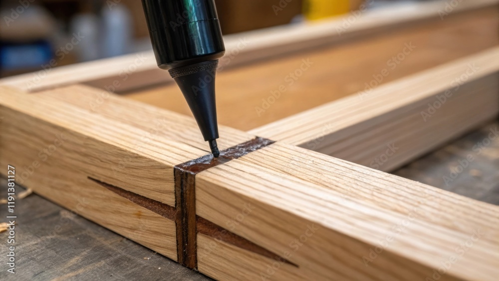 Poster a closeup of a wooden joint being glued with a focus on the thick dark adhesive seeping into the tig