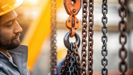 A closeup of a worker inspecting a set of chains and slings attached to a crane illustrating the importance of equipment checks and proper rigging techniques before lifting