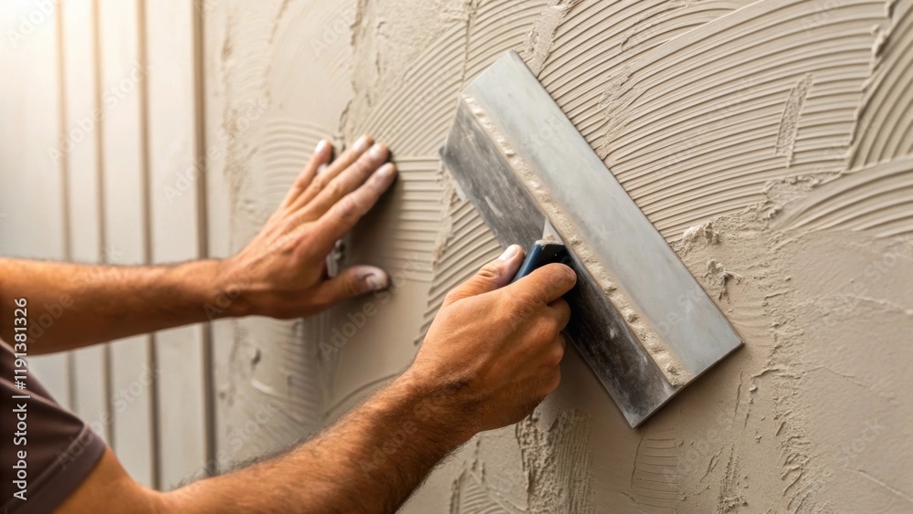 Poster a closeup of a workers hands applying finishing touches to a wall smoothing out the surface with a t