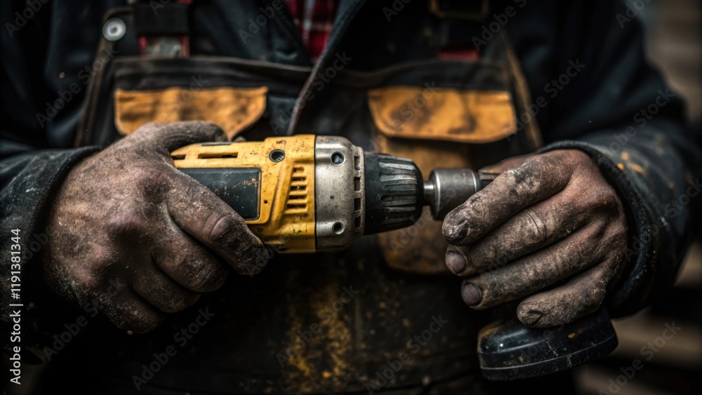Poster A closeup of a workers hands gripping a power tool showing the intricate details of grime beneath the fingernails and the rugged texture of the palms capturing the essence of labor