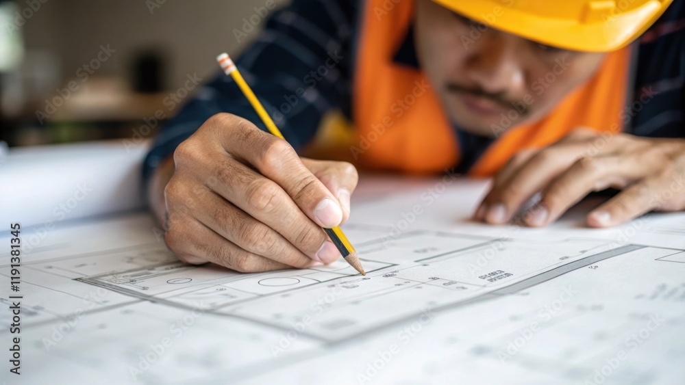 Aufkleber A closeup of a workers hand tracing over the symbols on a blueprint showcasing a concentrated expression and the fine details of the plans in stark relief.