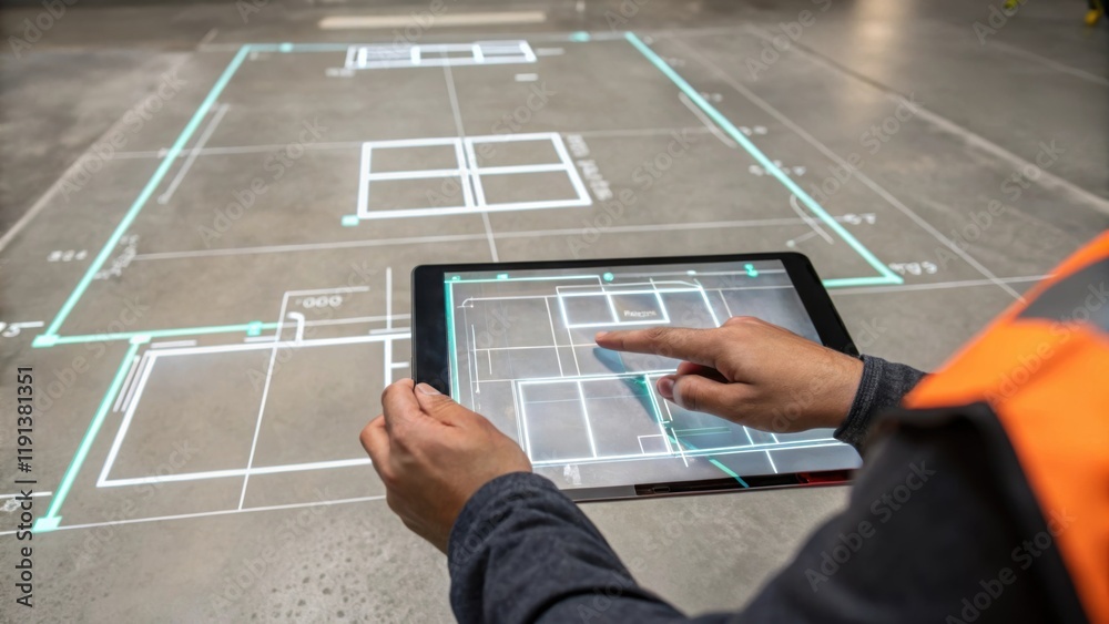 Aufkleber A closeup of a workers hands manipulating a floating touchscreen interface in AR to adjust the layout of a floor plan with bright virtual lines indicating potential changes over