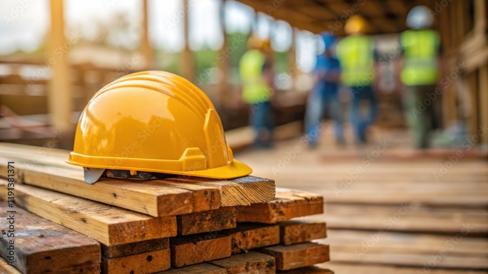 Poster A closeup of a workers safety helmet p on a stack of lumber showing scratches and fading paint with the blurred motion of workers bustling around the site in the background.
