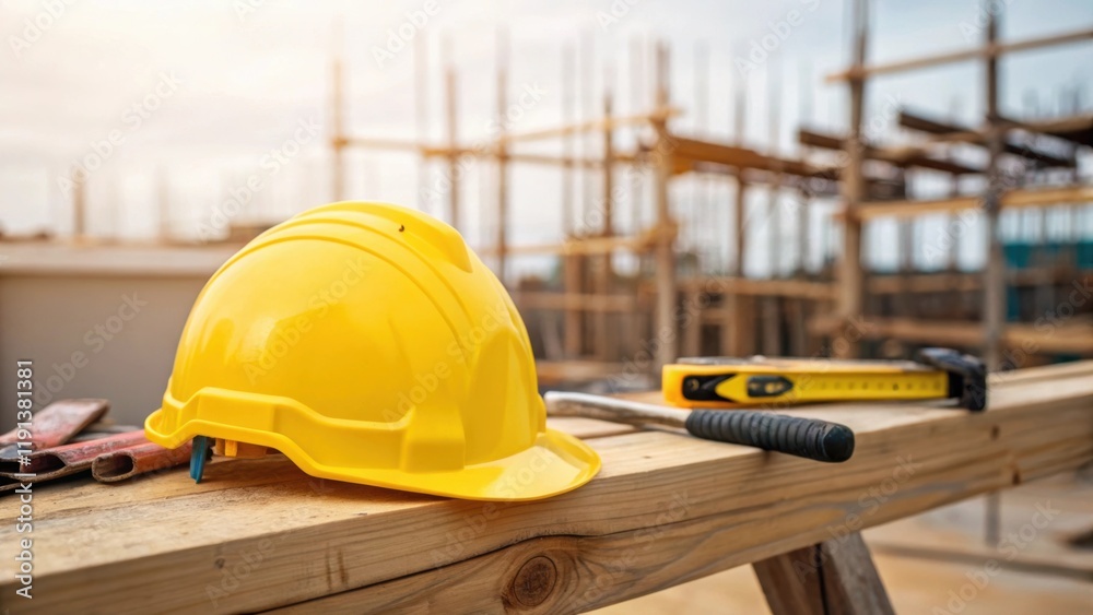 Poster a closeup of a workers safety helmet resting on a wooden beam with construction tools and scaffoldin