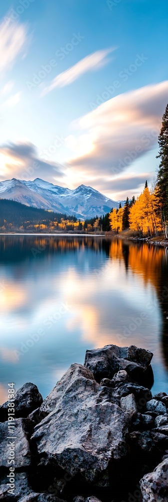 Poster majestic mountain reflected in a clear lake surrounded by vibrant autumn trees : generative ai