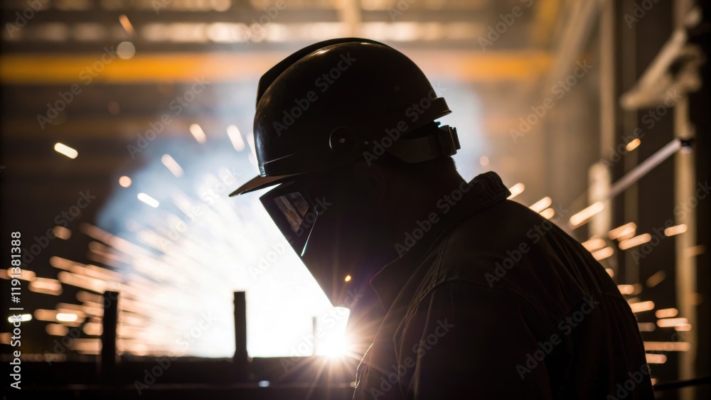 Poster a closeup of a workers silhouette deeply focused with the bright light illuminating tools and machin