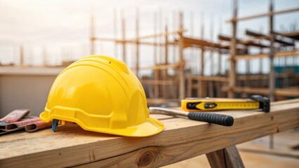 A closeup of a workers safety helmet resting on a wooden beam with construction tools and scaffolding slightly blurred in the background showcasing the work environment.