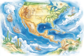 Fototapeta premium Vintage USA map depicting historical regions and oceanic routes with a nostalgic illustration style featuring ships, deserts, and natural landscapes