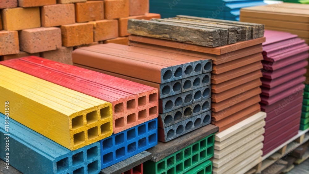 Poster a closeup of colorful building materialsbricks wood and metalstacked together illustrating the varie