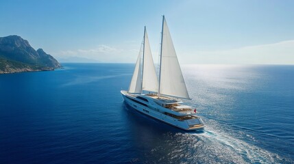 Fototapeta premium Luxury sailing yacht navigating crystal-clear waters near rocky coastline