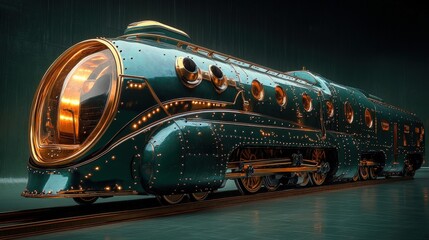 Fototapeta premium Ornate green steam locomotive, gold accents, glowing.