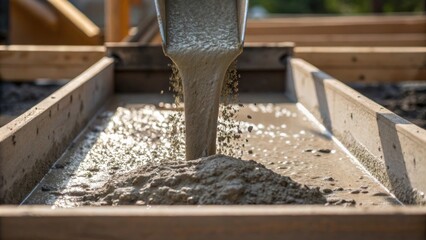 A closeup of concrete being poured from a chute into a form the liquid mixture splashing and settling illustrating the dynamic process of creating a foundational element.