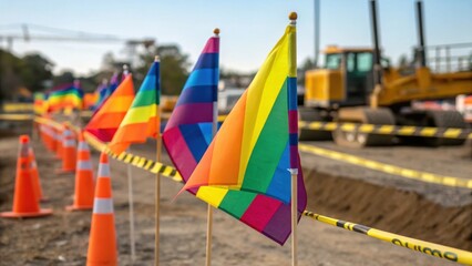 A closeup of colorful flags marking a protected area on a construction site aimed at preserving local wildlife habitats while construction activities are underway.
