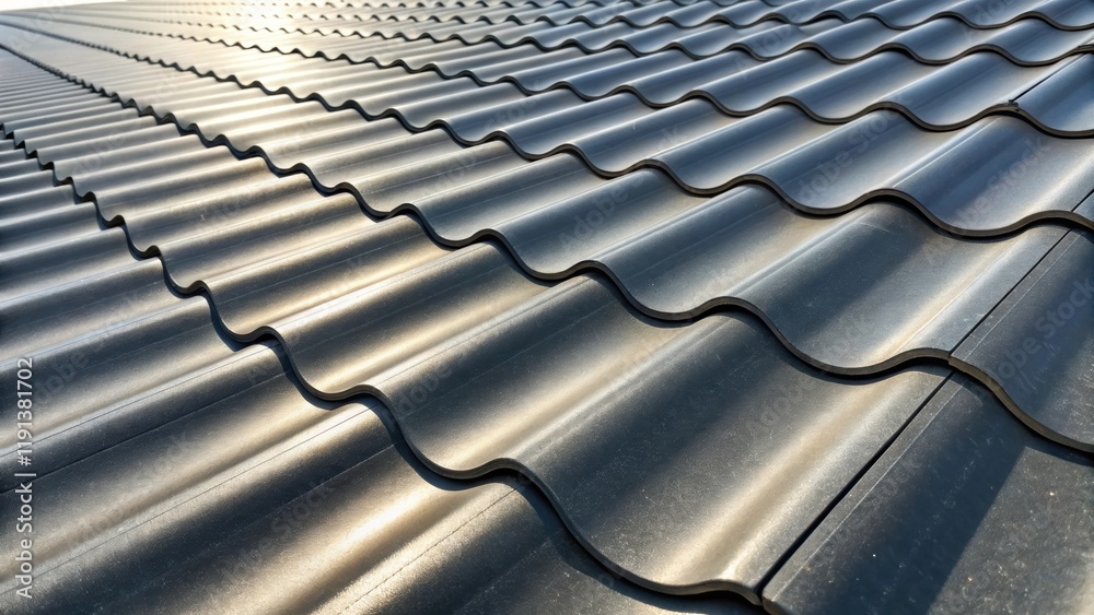 Poster A closeup of corrugated metal roofing highlighting the wavy undulations and ridges that run parallel reflecting light in alternating patterns of shadow and shine emphasizing