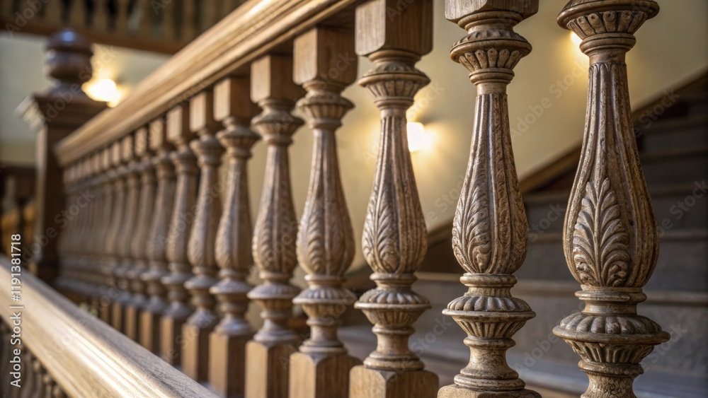 Poster A closeup of decorative spindles in the railing illustrating the meticulous craftsmanship and the way they reflect light creating visual interest.