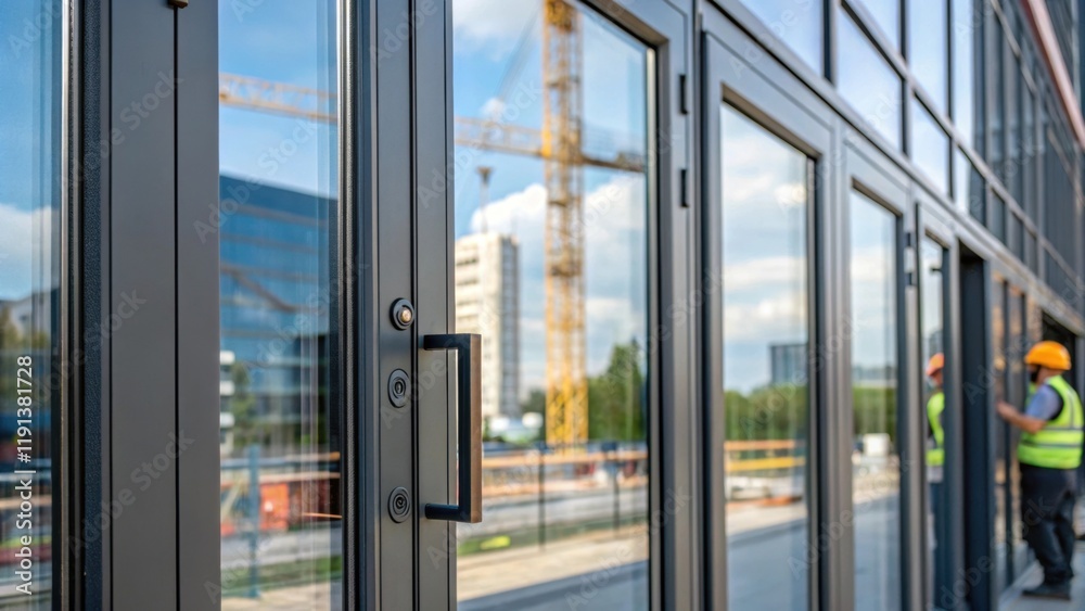Poster A closeup of energyefficient windows being installed with reflections of the surrounding construction site visible in the glass illustrating the blend of aesthetics and technology