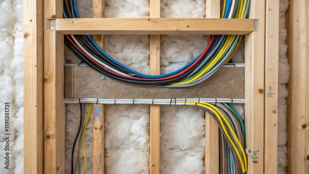 Poster a closeup of electric wiring snaking through the framing of an interior wall surrounded by insulatio