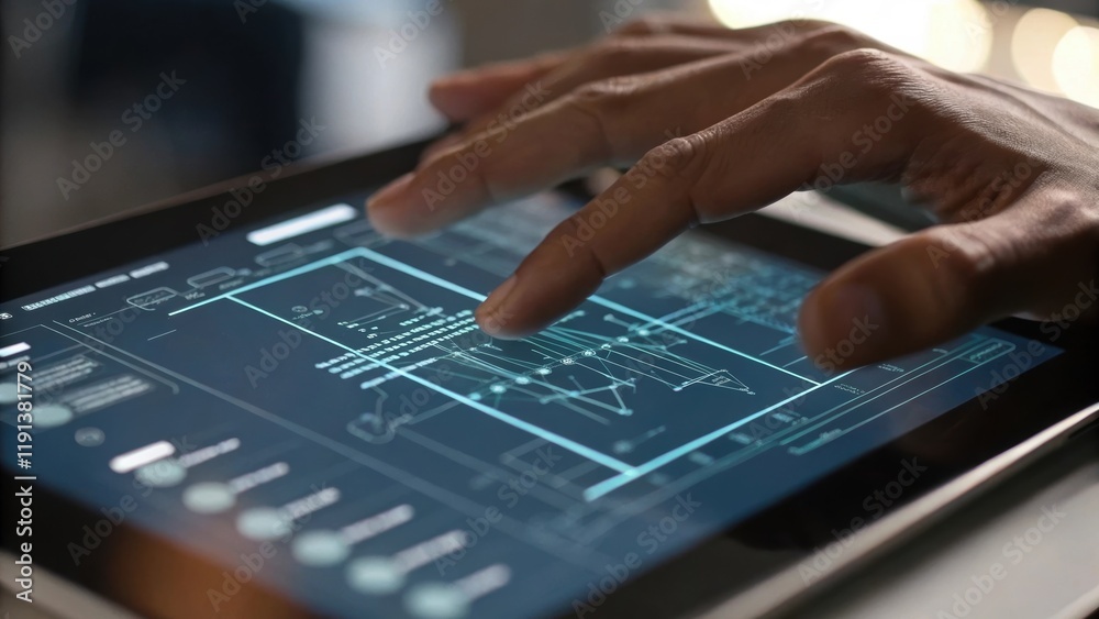 Aufkleber A closeup of fingers manipulating a touchscreen where swipes and taps reveal complex algorithms visualized on the display. The intricate lines and graphs evoke a sense of