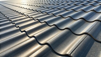 A closeup of corrugated metal roofing highlighting the wavy undulations and ridges that run parallel reflecting light in alternating patterns of shadow and shine emphasizing