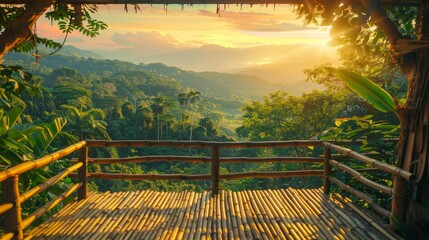 Fototapeta premium Rustic terrace with bamboo railings, tree house, and stunning jungle views under golden sunlight