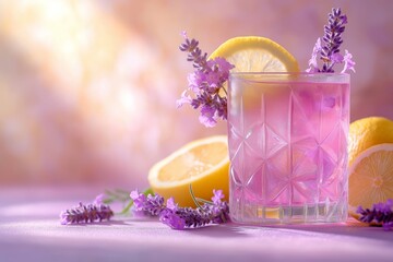A minimalistic stock photo featuring a glass of lavender lemonade garnished with lemon slices and lavender flowers